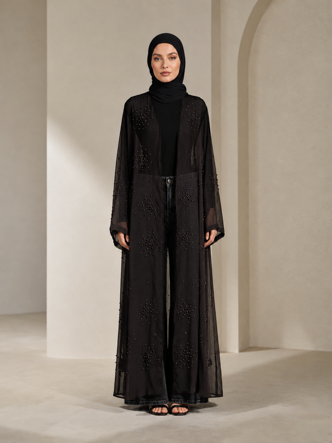 Pearl-Beaded Mesh Abaya
